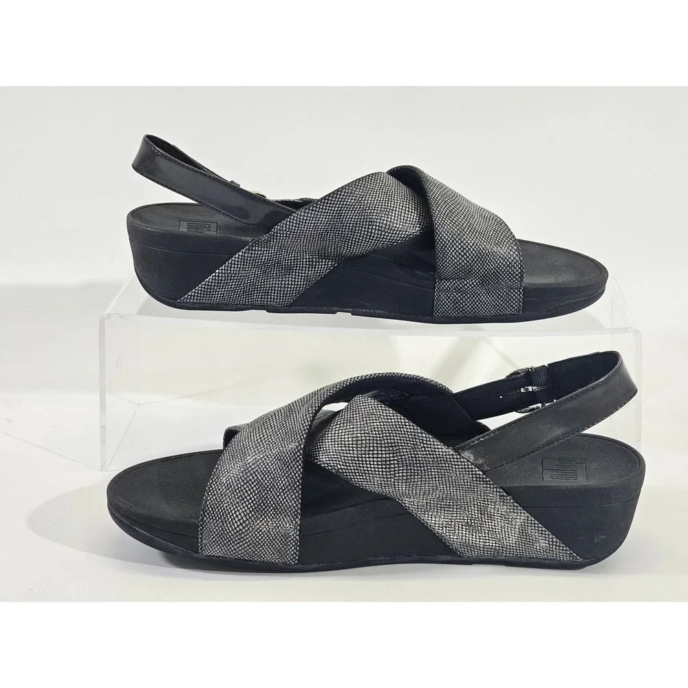 FitFlop Lulu Sandals Womens 10 Silver Snakeskin Metallic Slingback Wedge K54-547